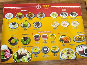 Mace Mache dessert and drinks menu featuring roti bakar, aiskrim, and klasik and tradisional options