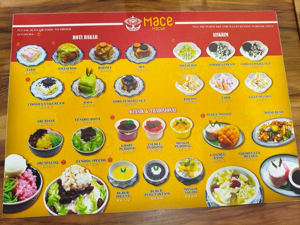 Mace Mache dessert and drinks menu featuring roti bakar, aiskrim, and klasik and tradisional options