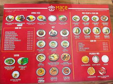 Mace Mache main menu with nasi kerabu, soups, mee celup, and add-ons