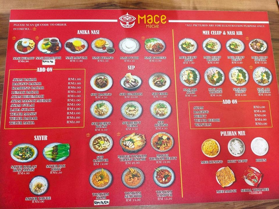 Mace Mache main menu with nasi kerabu, soups, mee celup, and add-ons