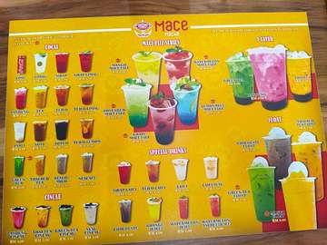 Mace Mache drinks menu featuring Mace Fizz Series, local drinks, floats, and cincau