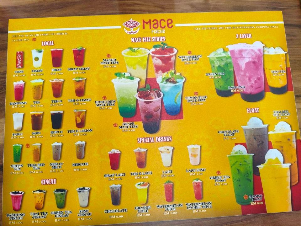 Mace Mache drinks menu featuring Mace Fizz Series, local drinks, floats, and cincau