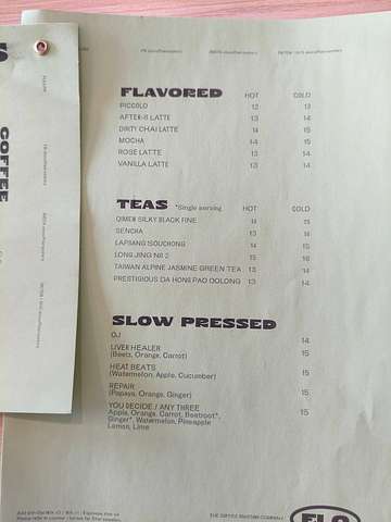 Kiara SS19 coffee and drinks menu with flavoured coffees, teas, and slow-pressed juices