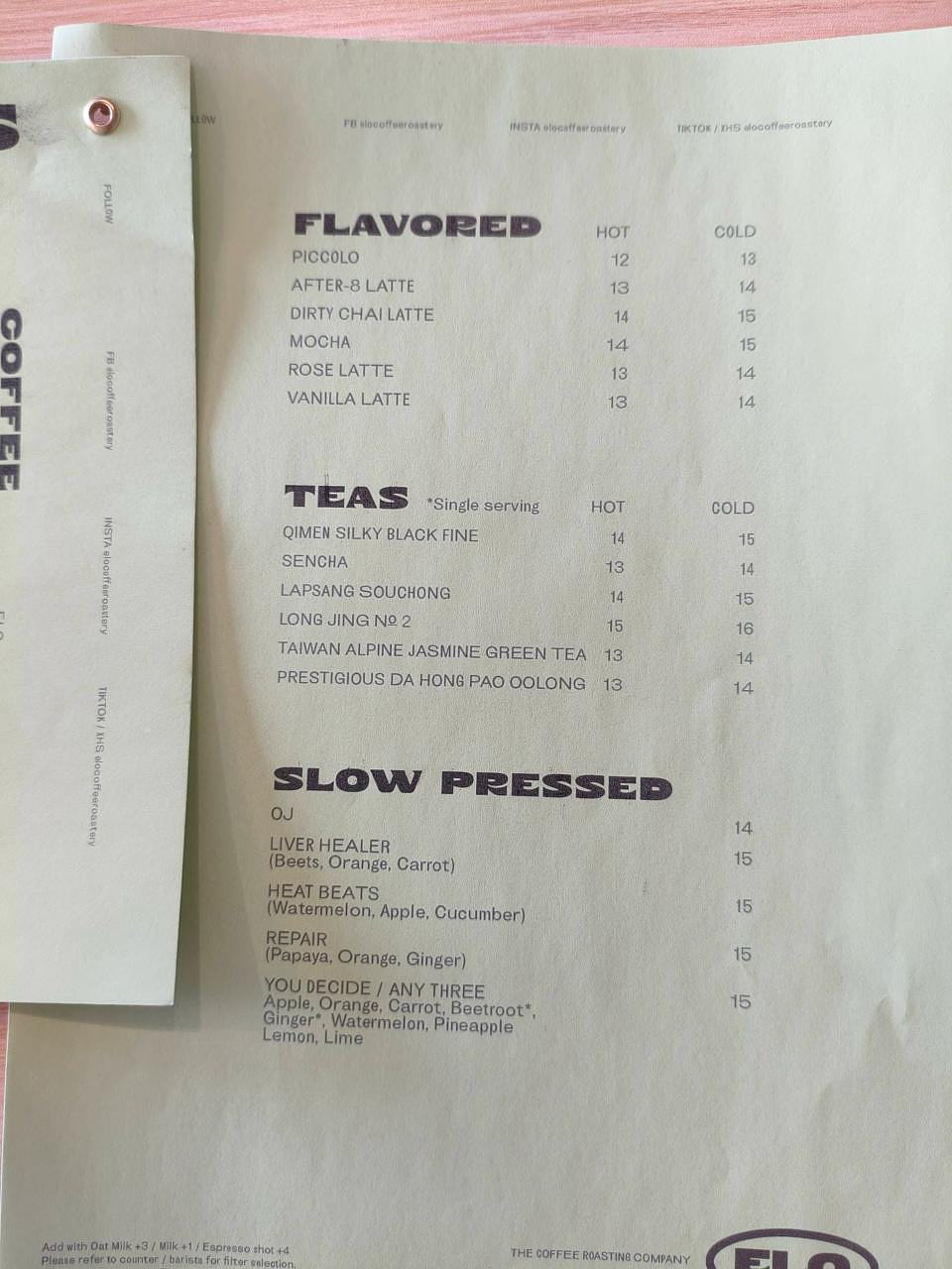 Kiara SS19 coffee and drinks menu with flavoured coffees, teas, and slow-pressed juices