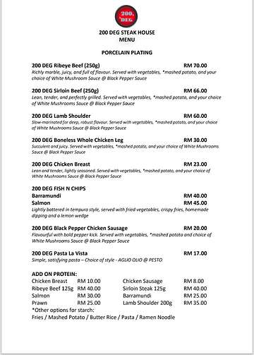200 DEG Steak House porcelain plating menu with ribeye, sirloin, lamb, chicken, fish and chips, and pasta options