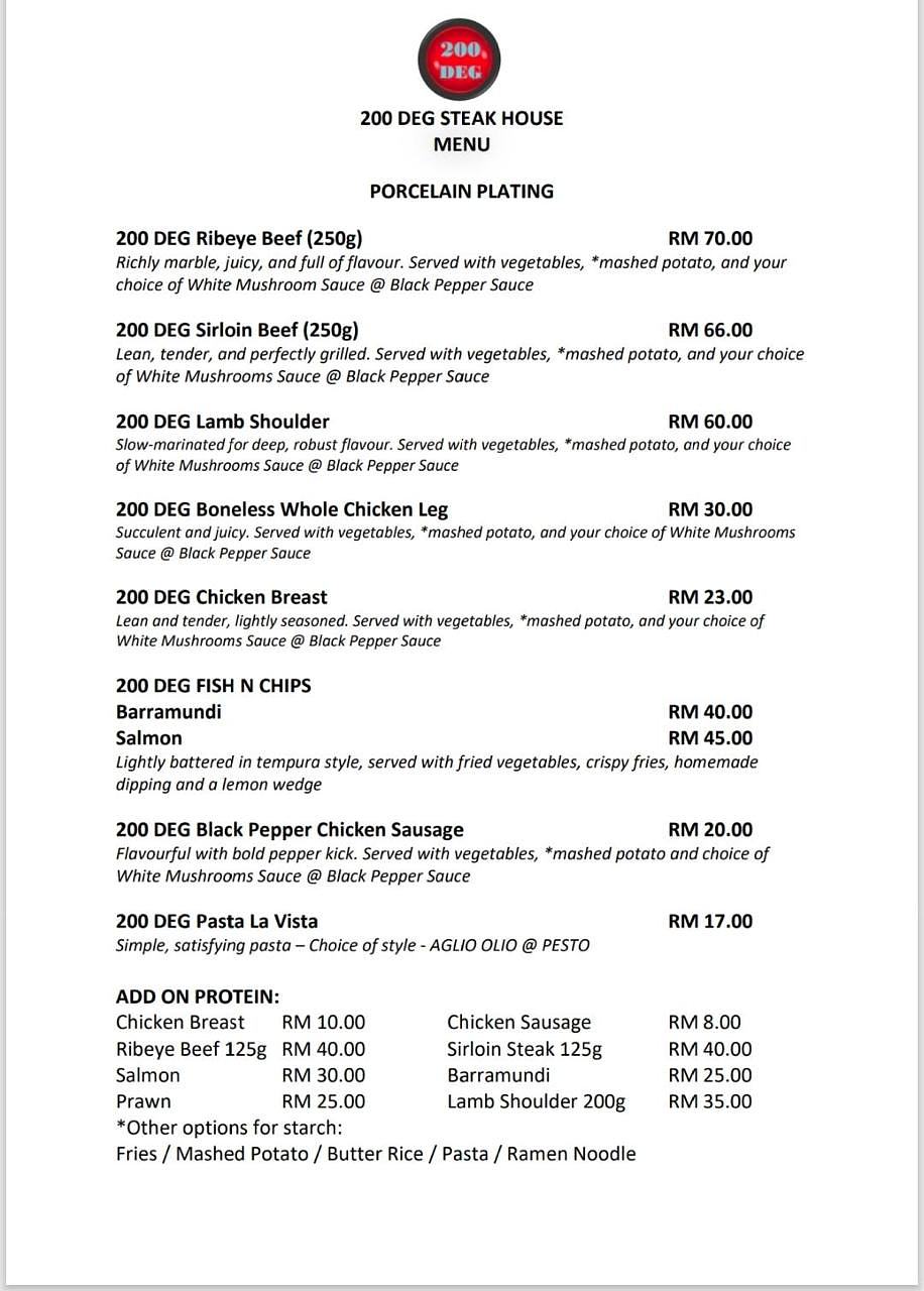 200 DEG Steak House porcelain plating menu with ribeye, sirloin, lamb, chicken, fish and chips, and pasta options