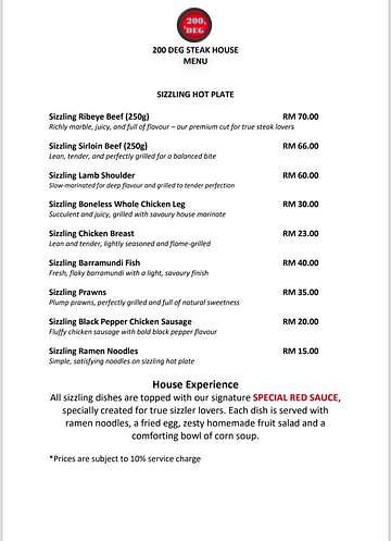 200 DEG Steak House sizzling hot plate menu with ribeye, sirloin, lamb, chicken, prawns, and sausage served with ramen, egg, and corn soup