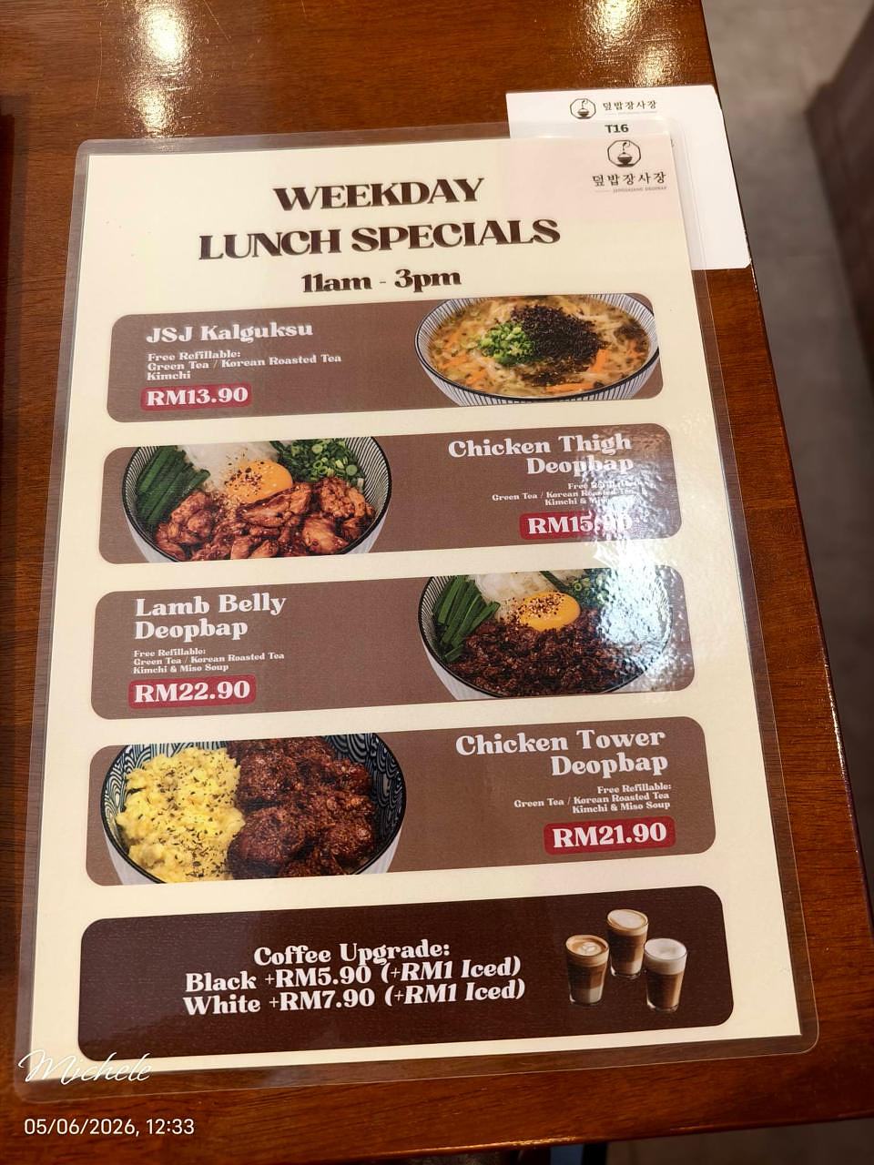 Weekday Lunch Specials menu (11am-3pm) at Jangsajang Deopbap SS15 featuring JSJ Kalguksu (RM13.90), Chicken Thigh Deopbap (RM15.90), Lamb Belly Deopbap (RM22.90), Chicken Tower Deopbap (RM21.90)