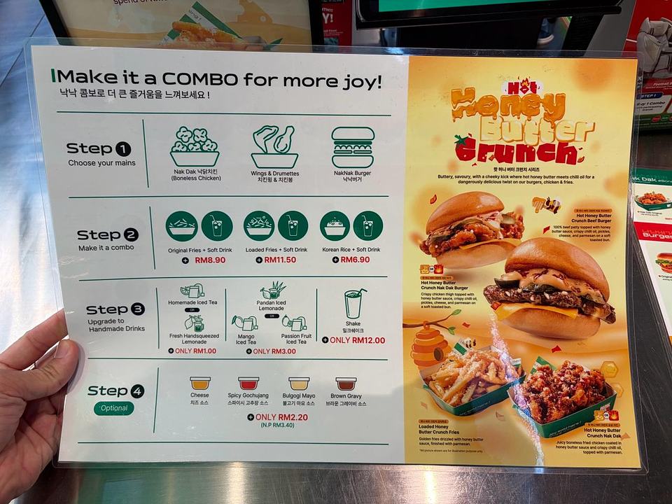 NakNak combo menu and Hot Honey Butter Crunch promotion board