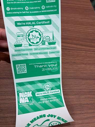 NakNak receipt showing halal certification and menu categories