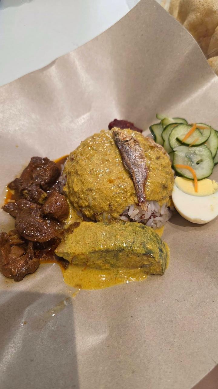 Nasi dagang with curry fish, beef rendang, egg, cucumber, and sambal at Capital Nasi Dagang Kelantan SS15